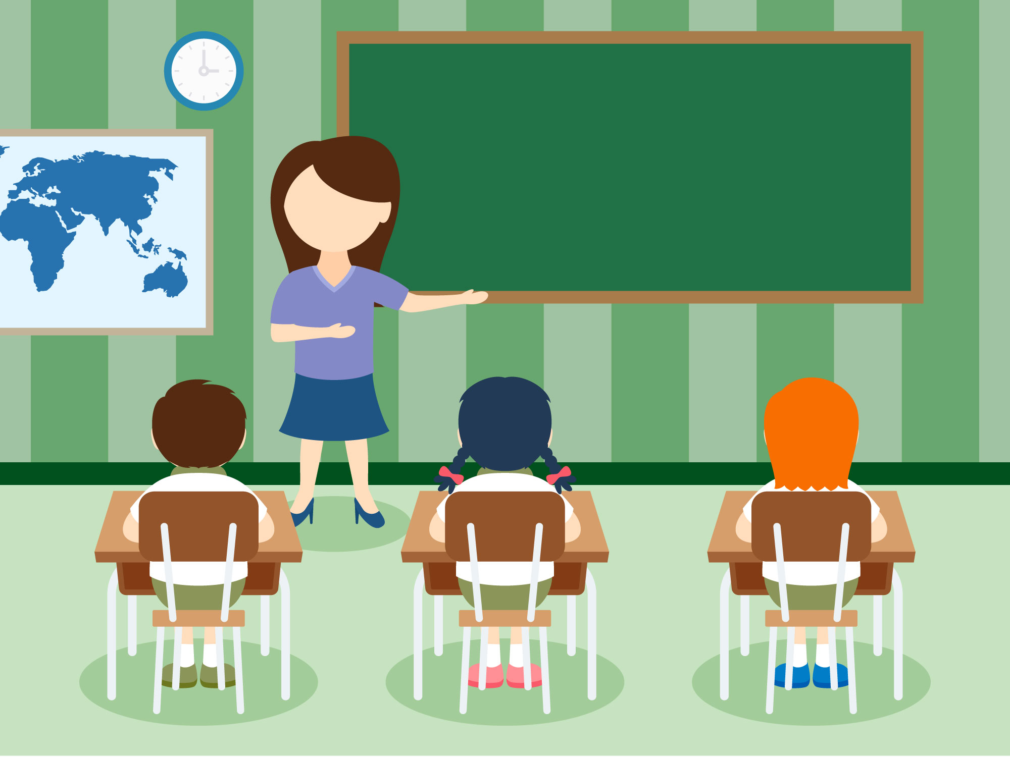 A female teacher teaching three students in a classroom